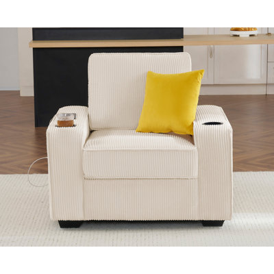 Canapé moderne, canapé confortable avec porte-gobelets et ports de chargement USB, canapé à assise profonde pour fauteuil, velours côtelé blanc