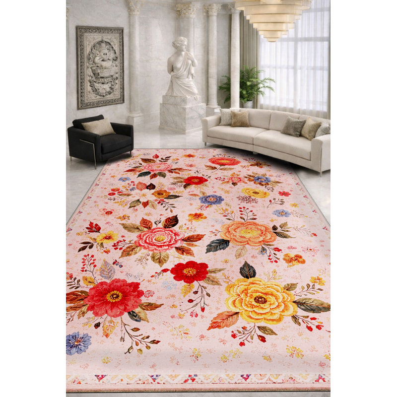 Tapis vert tissé à motif floral lavable Mosso, 2 pi 6 po x 4 pi 11 po