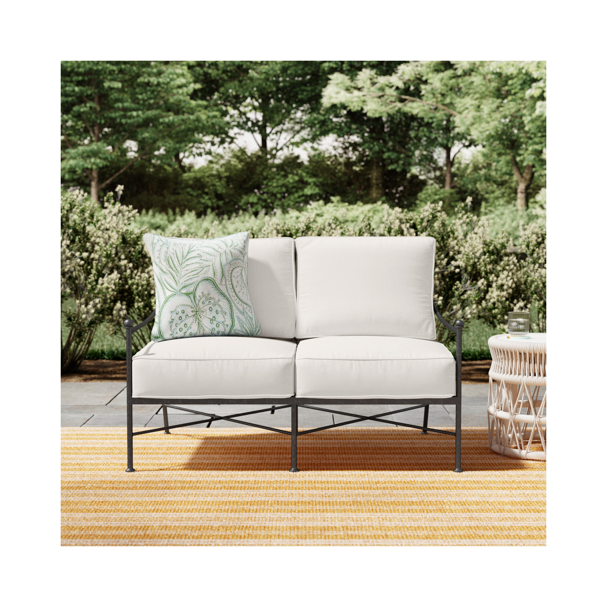 Lucier 51.77'' Wide Straight Iron Loveseat with Sunbrella® Cushions, Canvas Flax Sunbrella® Canvas