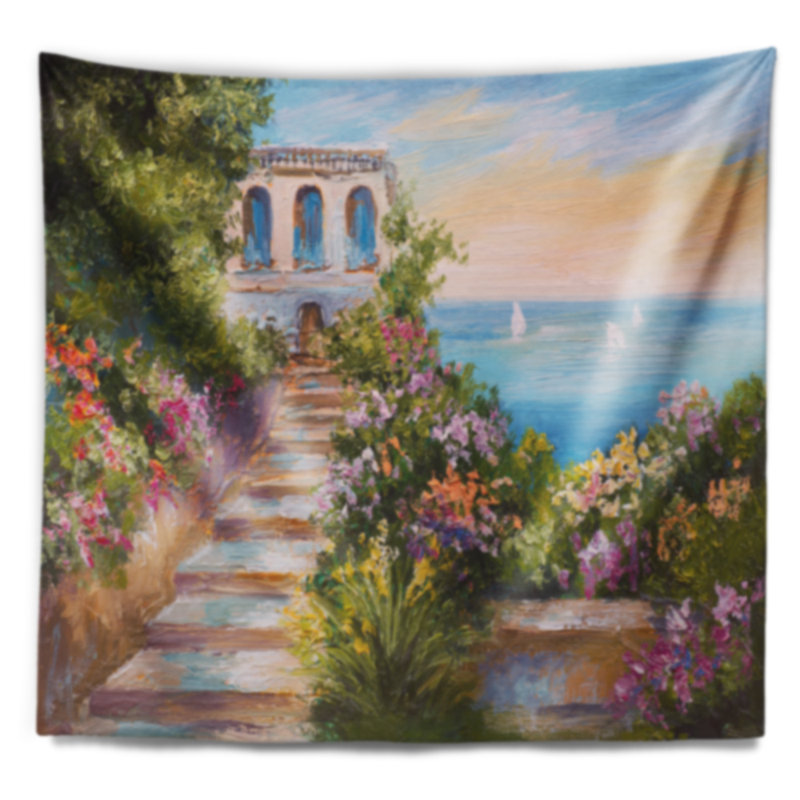 Maison de paysage près de la tapisserie de la mer, H 32 po x l 39 po