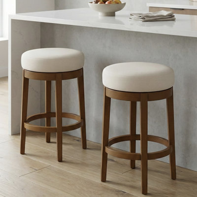 ALTON ROUND SWIVEL COUNTER HEIGHT BARSTOOL BEIGE SEAT IN BROWN FINISH, SET OF 2