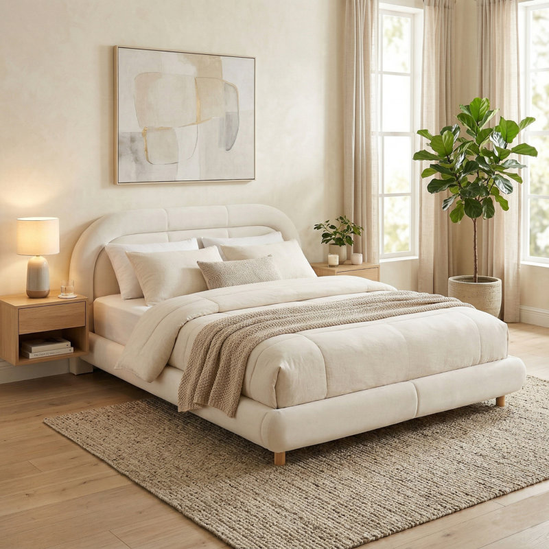 Lit plateforme moderne à profil bas et courbé, structure de lit tapissier en velours avec tête de lit arrondie, Beige