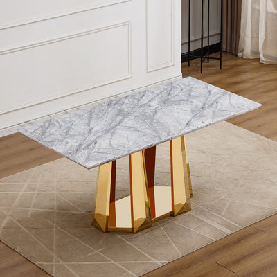Table de salle à manger en marbre pour 6 personnes, table de salle à manger rectangulaire en faux marbre 70 po avec base en acier inoxydable à finition miroir, table de cuisine moderne en marbre de grande taille (or, gris)