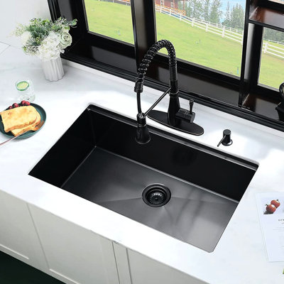 Évier de cuisine encastré en acier inoxydable noir de 32 pouces, chaleur et rouille, poste de travail avec tapis à passoire, revêtement de condensation, système d'insonorisation X Groove Drainage, drainage des taches, idéal pour