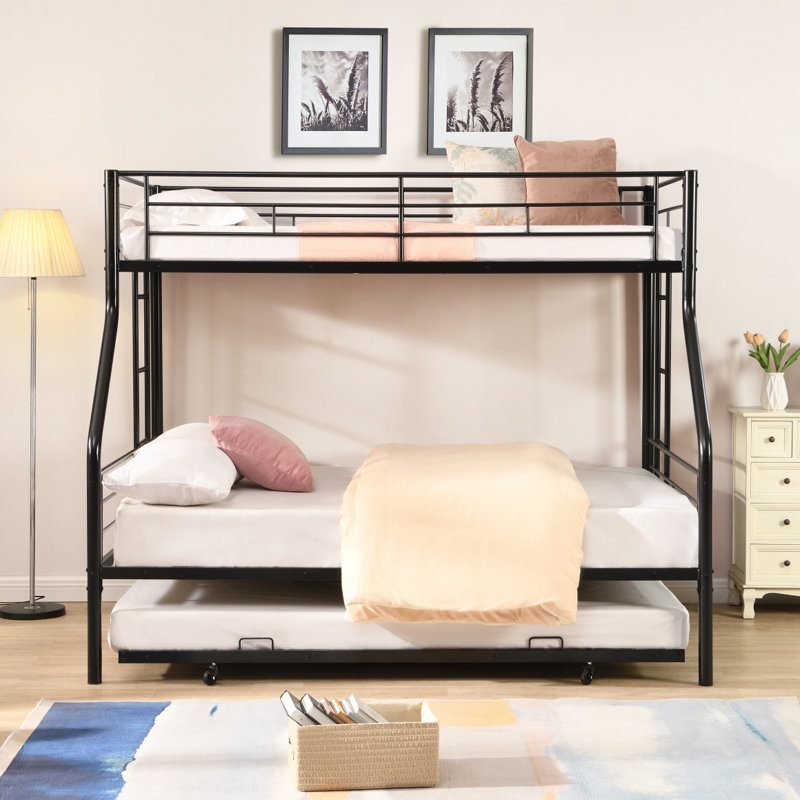 Lit simple superposé au dessus d'un lit double avec lit gigogne en métal, aucun sommier requis, assemblage facile