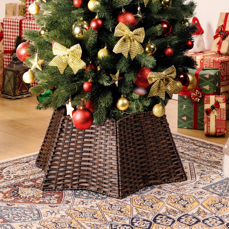 Collier de Noël en osier de Noël, panier décoratif de 24 pouces pour base d'arbre - Housse de support en rotin naturel tissé pour arbre de Noël artificiel de 7,5 pi, décor de maison de campagne rustique