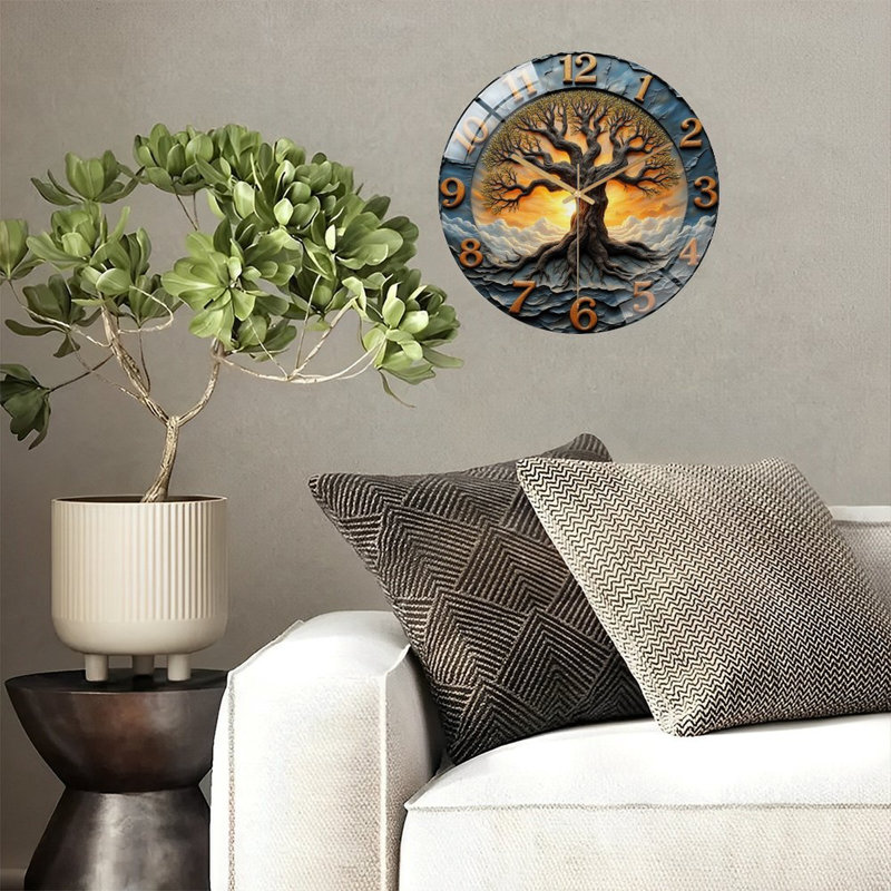 Horloge murale en bois fabriquée à la main avec art coucher de soleil - Horloge murale moderne en verre 12 po