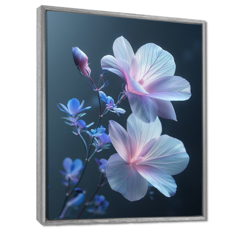 Rose rose et bleu, fleurs de pommier - Décoration murale fleur de pommier, H 12 po x l 20 po, White Picture Framed
