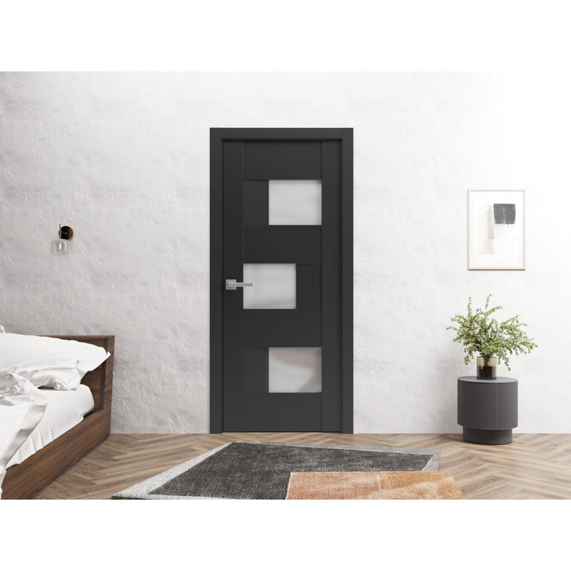 Porte française unie Sete | Avec verre givré | Poignée simple à panneau régulier | Portes de salle de bain robustes, Noir mat