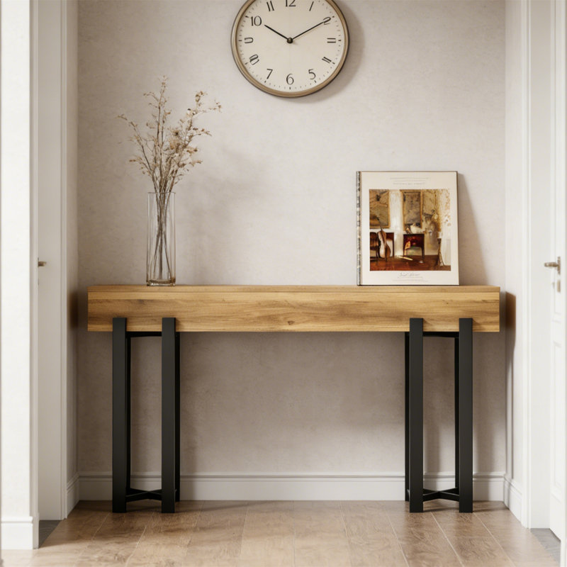 Industrial-Meets-Modern Office Long Sofa Table – 63"W X 11.81"D X 31.1"H, Rustic Brown E1 Mdf Tabletop & Sleek Black Iron Legs, 130 Lb Capacity