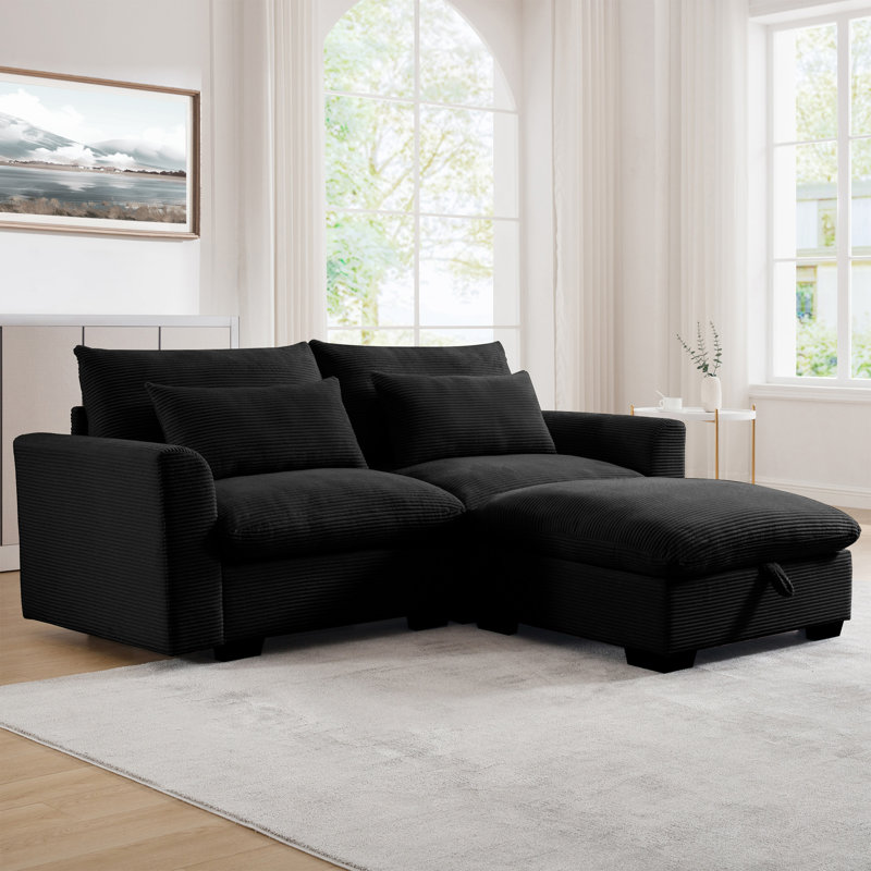 Sectional Sofa Comfy Corduroy Couch For Living Room With Pillows And Round Armrests, Modern Corduroy Sofa Sleeper Deep Couches With Storage Ottoman