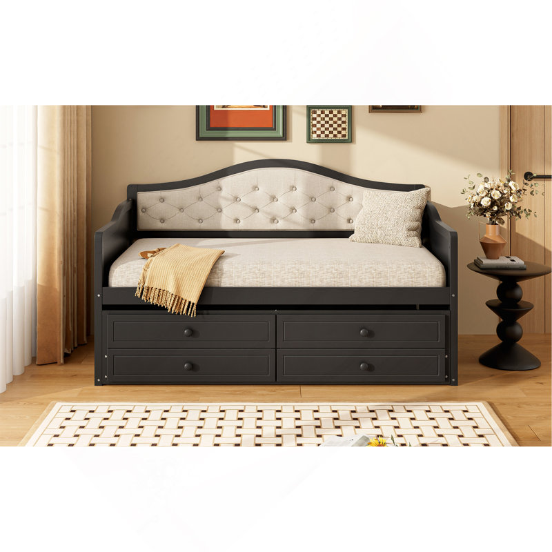 Twin Daybed With Trundle, Twin Size Daybed With 2 Storage Drawers, Wooden Sofa Bed With Upholstered Button Tufted Backrest For Living Room, Bedroom, Guest Room