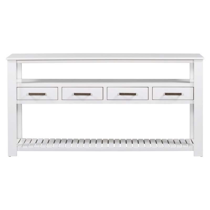 Grande table d'entrée avec 4 tiroirs, 3 tablettes ouvertes et poignées en métal, Blanc