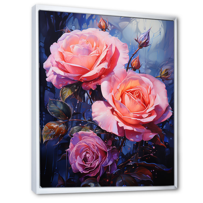 Fleur de néon rose sur toile, Cadre flottant blanc, H 40 po x l 30 po x P 1,5 po