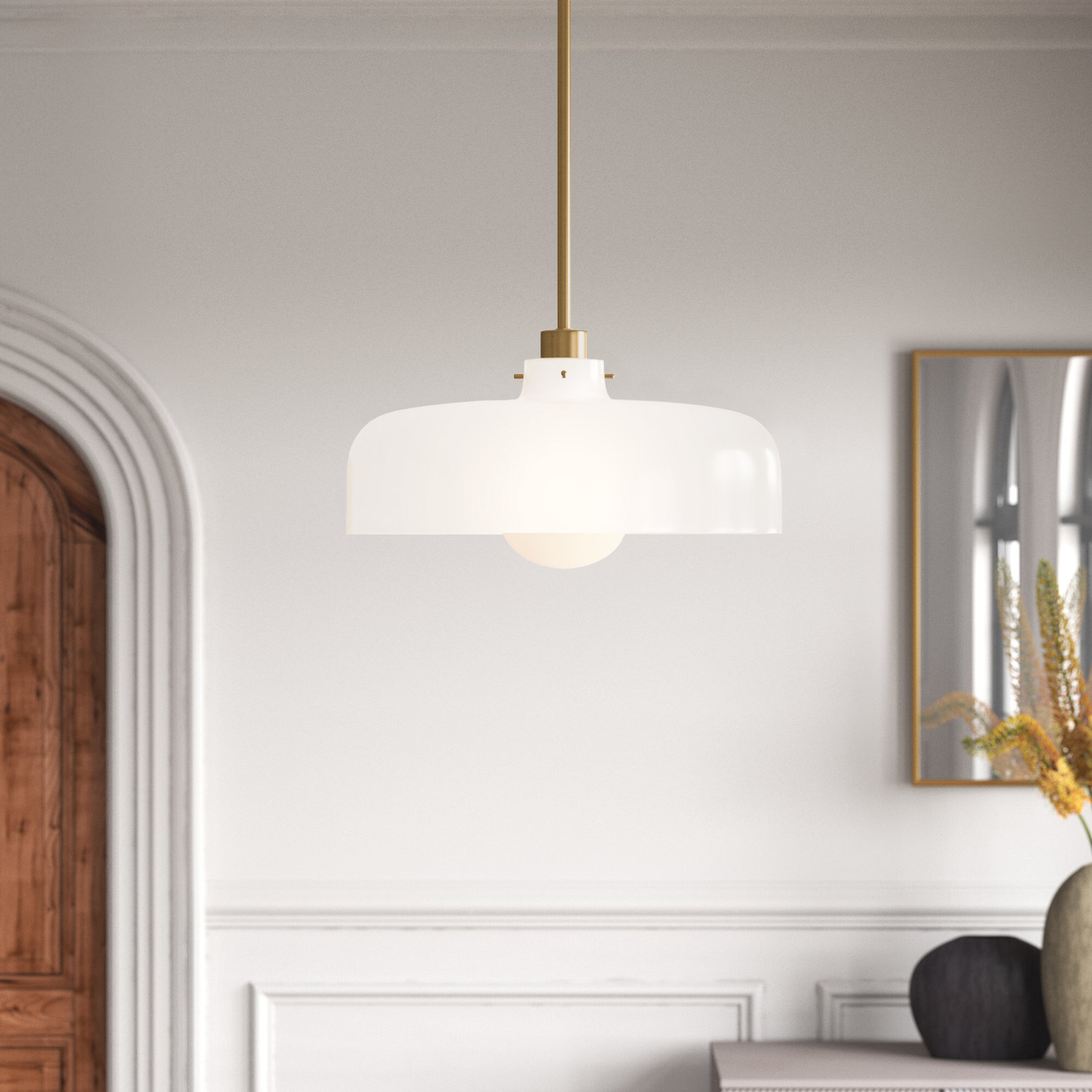 Villa Single Light Steel Dimmable Pendant, Lacquered Brass