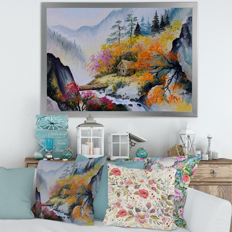 «Little House in Vibrant Mountain Landscape», peinture sur toile, Cadre photo argenté, H 12 po x l 20 po x p 1 po