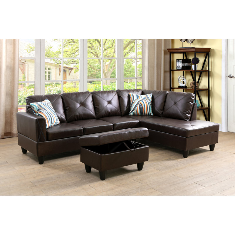 Brown Faux Leather 3-Piece Sectional Sofa Set with Chaise and Storage Ottoman, Brown Faux Leather