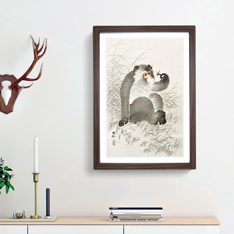 Monkey with an Insect by Ohara Koson - Picture Frame Painting Print, 65cm H x 48cm W x 2cm D, Walnut Framed