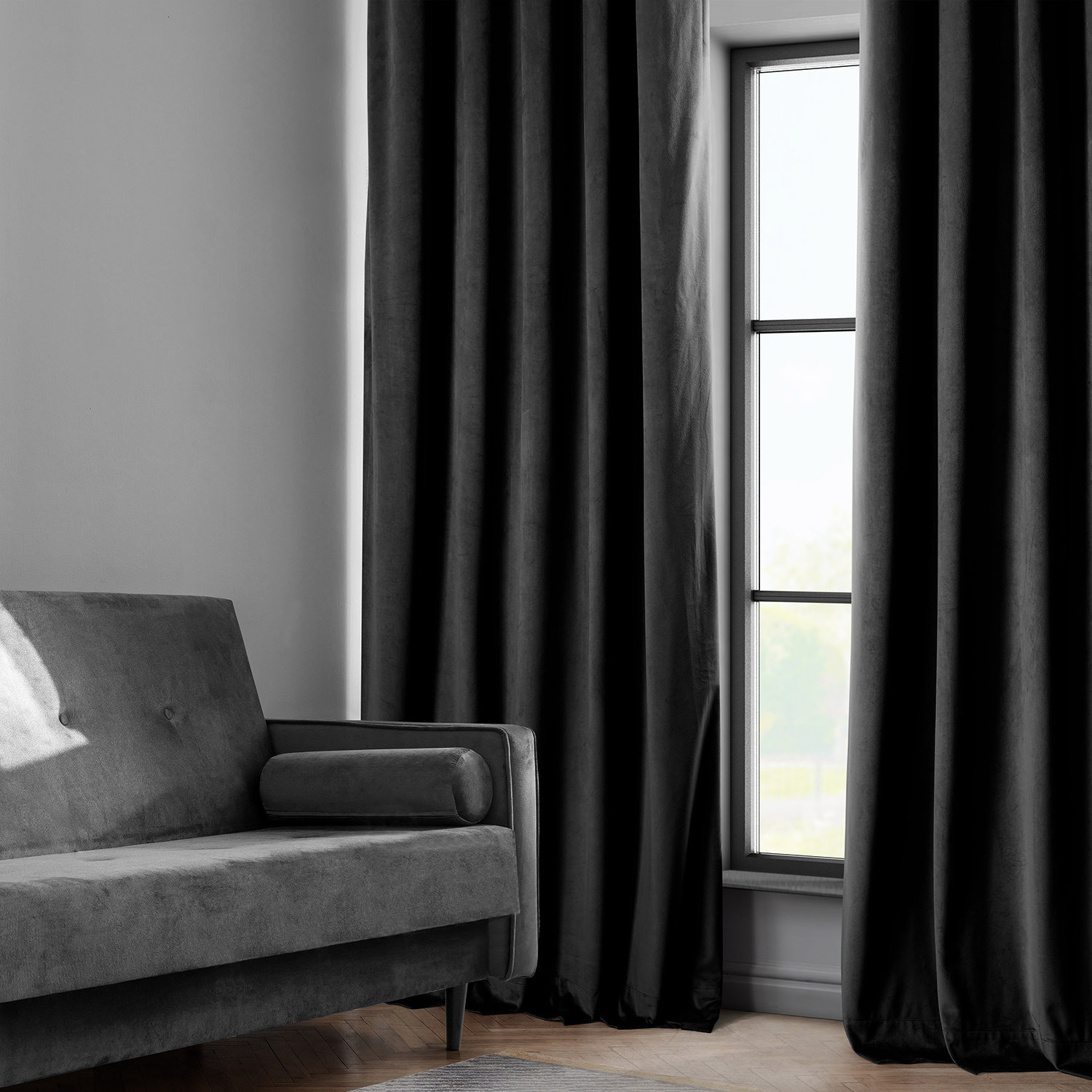 Matra Plush Velvet Room Darkening Curtain Panel, 50" W x 84" L, Black