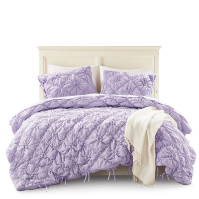 3Pcs Purple Floral King Comforter With Elastic Ruching And Tie Accents, Cloud - Like Softness, All Season Comfort, Machine Washable Accents Relaxed Embroidery, Coziness, Use,