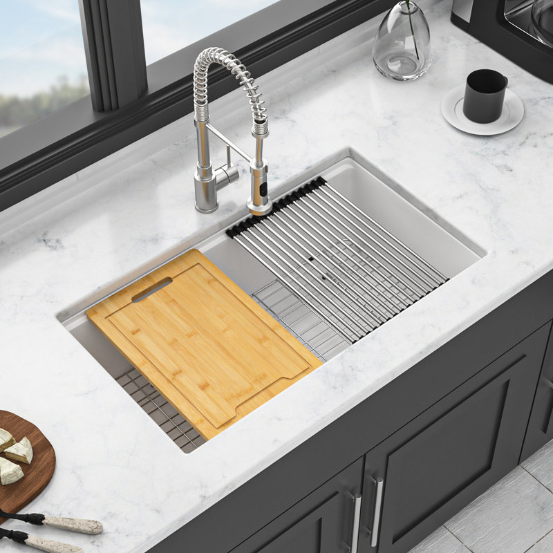 32X19" Quartz Workstation Sink - White, , User- Undermount Kitchen White Strong Material, Practical