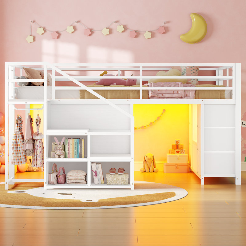 Low Loft Bed With Led Lights, Twin Size Kids Loft Bed With 7 Storage Drawers,3 Open Cubbies,Handy Clothes Rail, Twin Loft Bed With Guardrail & Stairs, Under-Bed Play Area