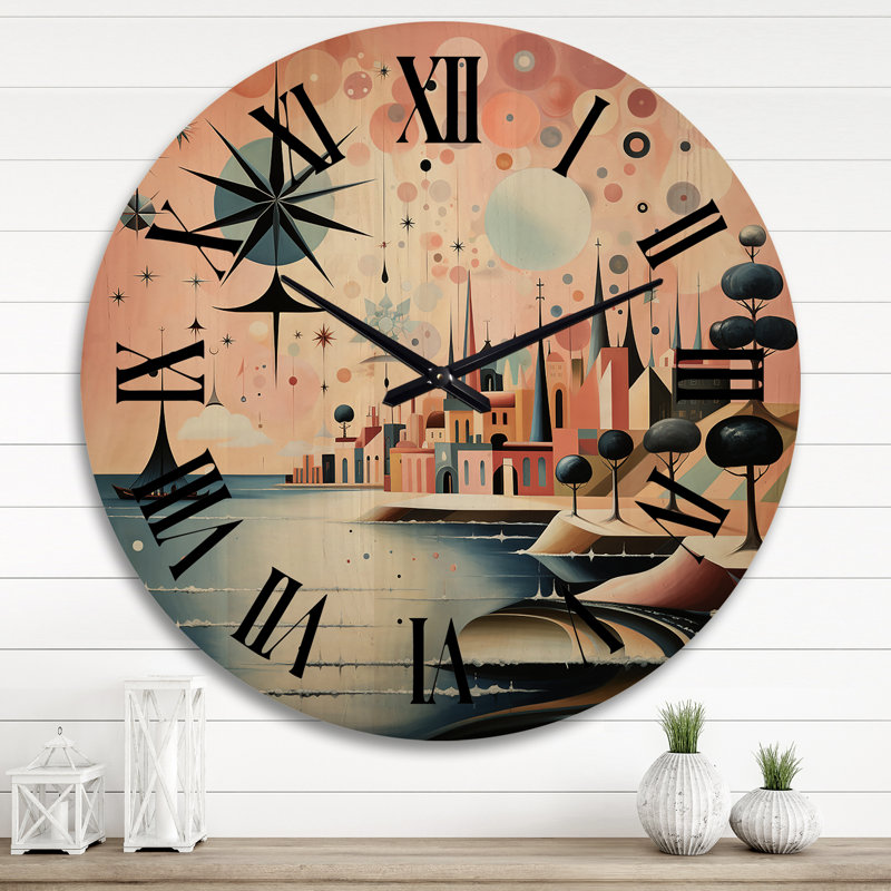 Vintage City In Retro Pastel Palette - Abstract Landscape Oversized Wood Wall Clock, Très grand