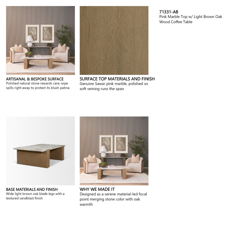 Dessus en marbre rose Milos avec table basse en bois de chêne brun clair, Pink