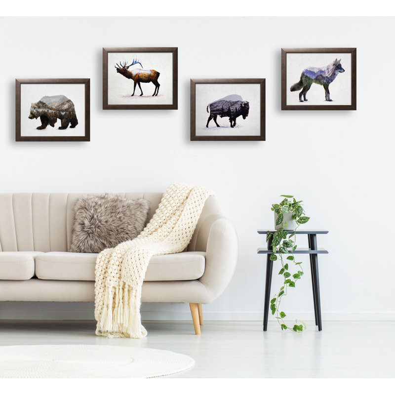 «Rustic Double Exposure Elk, Bison, Wolf and Bear Landscape», ensemble de 4 impressions encadrées