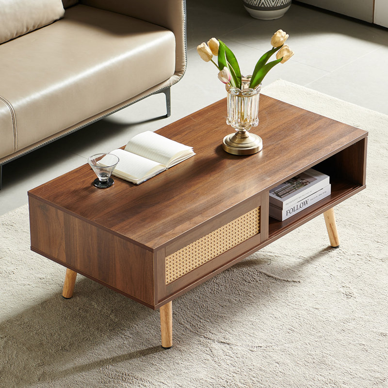 Table basse avec rangement en rotin Alessandria, Noyer