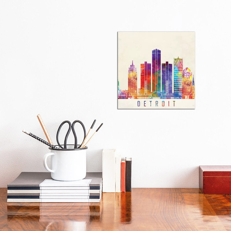 Detroit Landmarks Watercolour by Paul Rommer - Wrapped Canvas Print, 30.48cm H x 30.48cm W x 1.91cm D