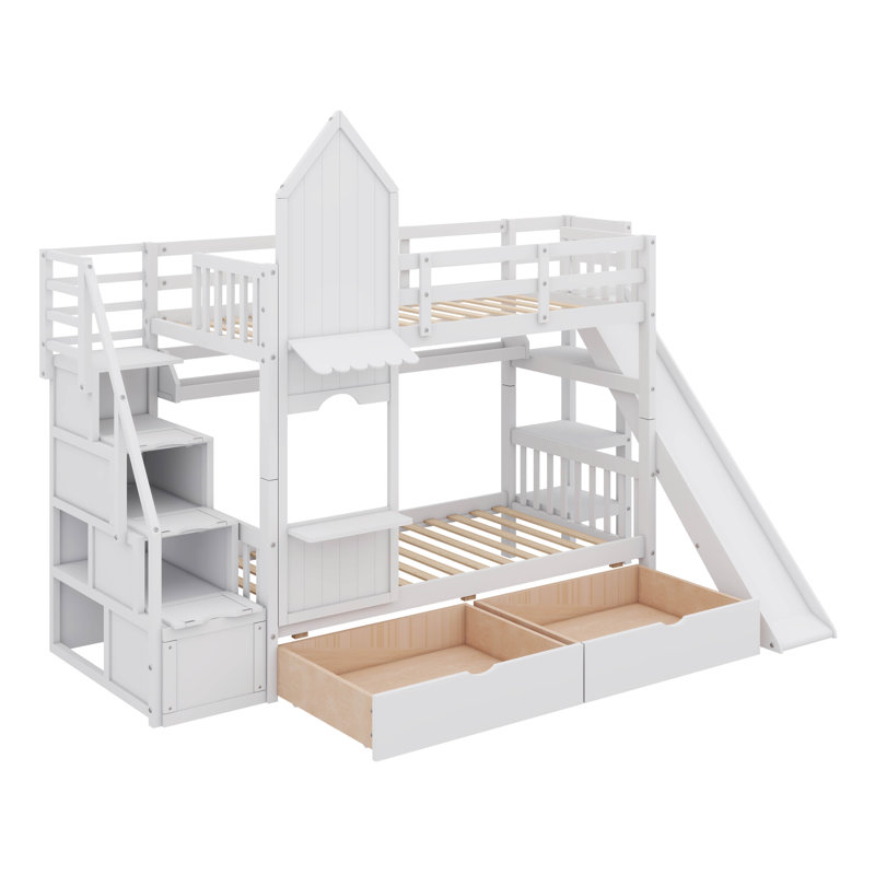 Lit superposé de style château avec deux tiroirs, trois tablettes et une glissade, Simple, Blanc