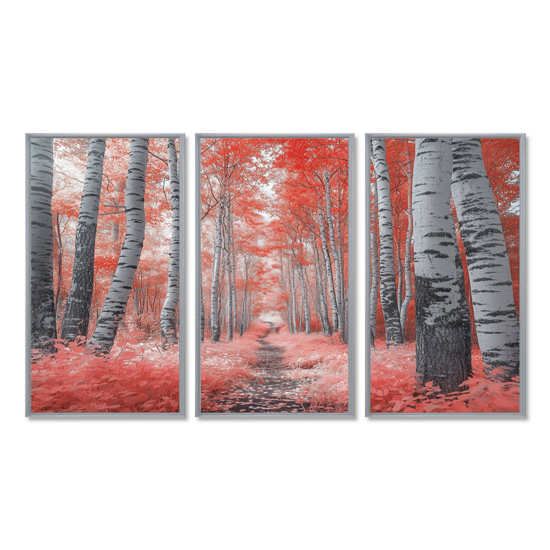 Ensemble de salon d'art mural forêt rouge Panorama I - forêt, Toile avec cadre flottant or, H 40 po x l 60 po x P 1 po