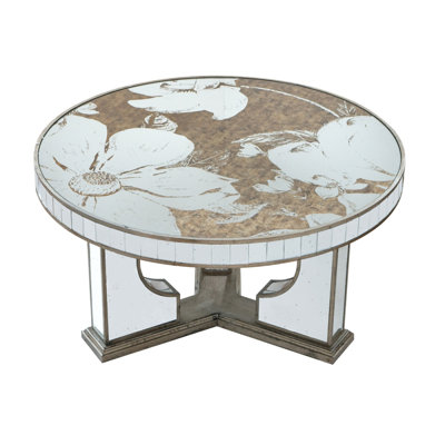 Table basse ronde 35,5 po x 35,5 po x 19 po avec motif floral élégant et finition miroir argentée