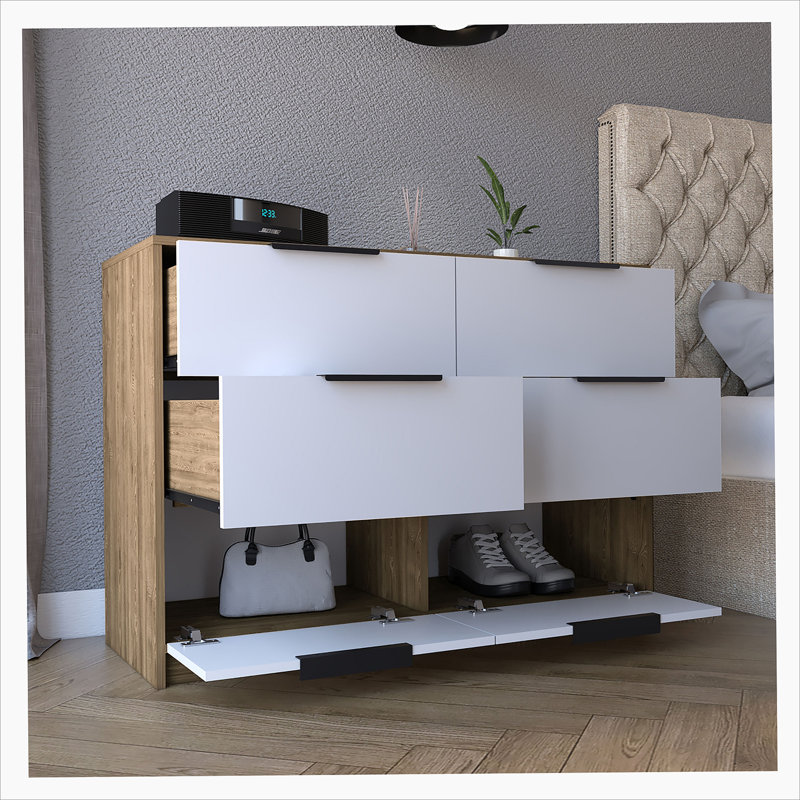 Kaia White and Pine 6-Drawer Modern Dresser