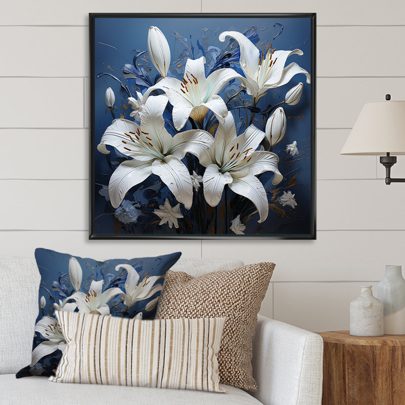«White Lily Blue Pure Beauty Charm II», reproduction sur toile, H 16 po x l 16 po x P 1 po, Cadre flottant noir