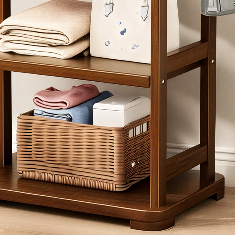 Solid Wood Floor-Standing Heavy-Duty Coat Rack, Double-Layered With Four Hooks, Suitable For Hanging Clothes, Bags, And Hats; Ideal For Entryways, Bedrooms, And Hallways.