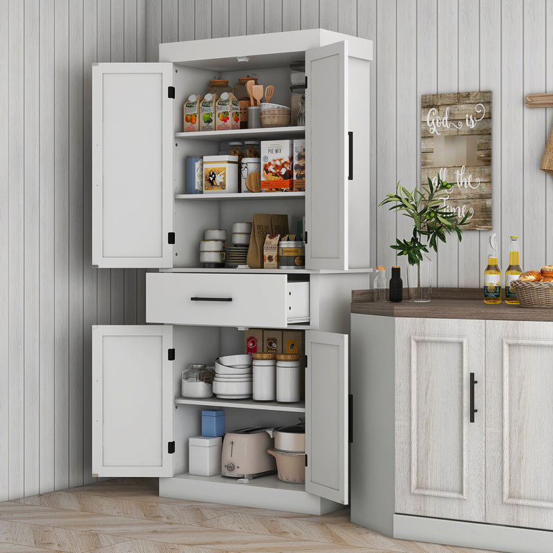 White 72" Tall Kitchen Pantry Storage With 4 Barn Doors, Drawer, 5 Shelf And Adjustable Shelves - Modern Freestanding Cabinet For Your Cabinet, Tall, Shelves, Appeal Unit