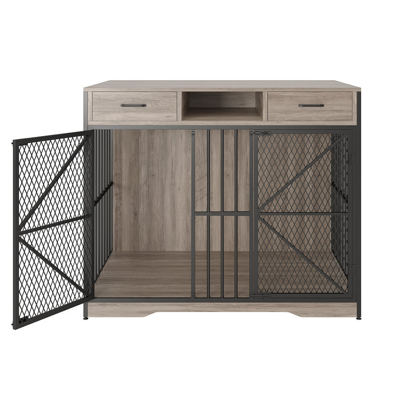 Meuble de rangement pour chien de 44 pouces pour grandes races moyennes, chenil pour chien de style Funiture avec tiroirs de rangement et structure en acier robuste, table de bout avec cage pour animaux de compagnie, brun