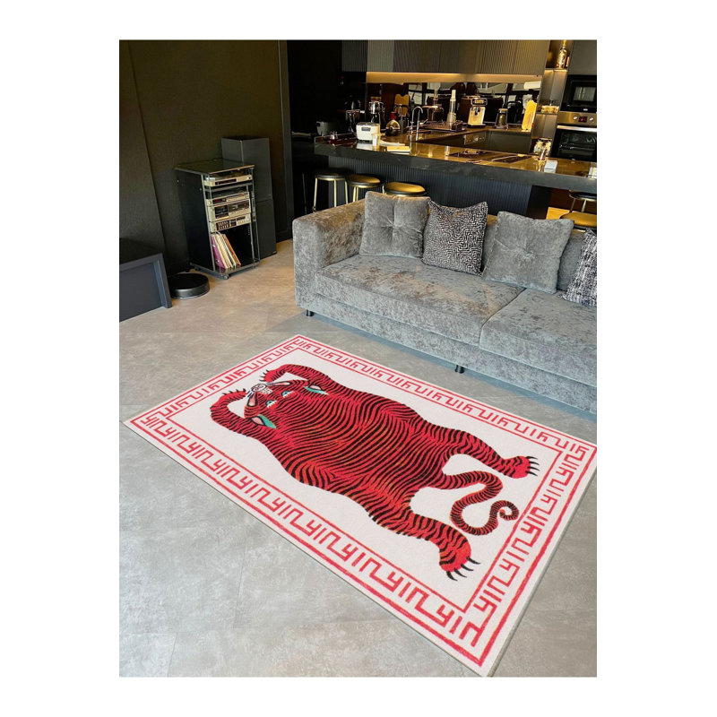 Tapis tissé à motif tigre rouge lavable à la machine, Rectangle 3 pi 3 po x 4 pi 11 po