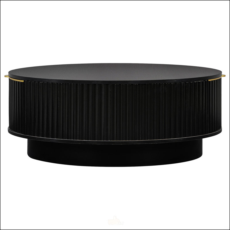Table basse ronde cannelée avec tiroir de rangement et poignée dorée pour centre de table de salon moderne., Noir