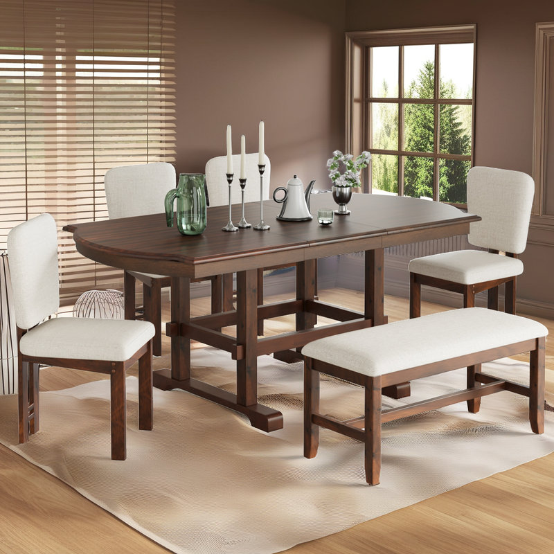 6-Piece Extendable Dining Set with Curved Tabletop & Bench Seating
