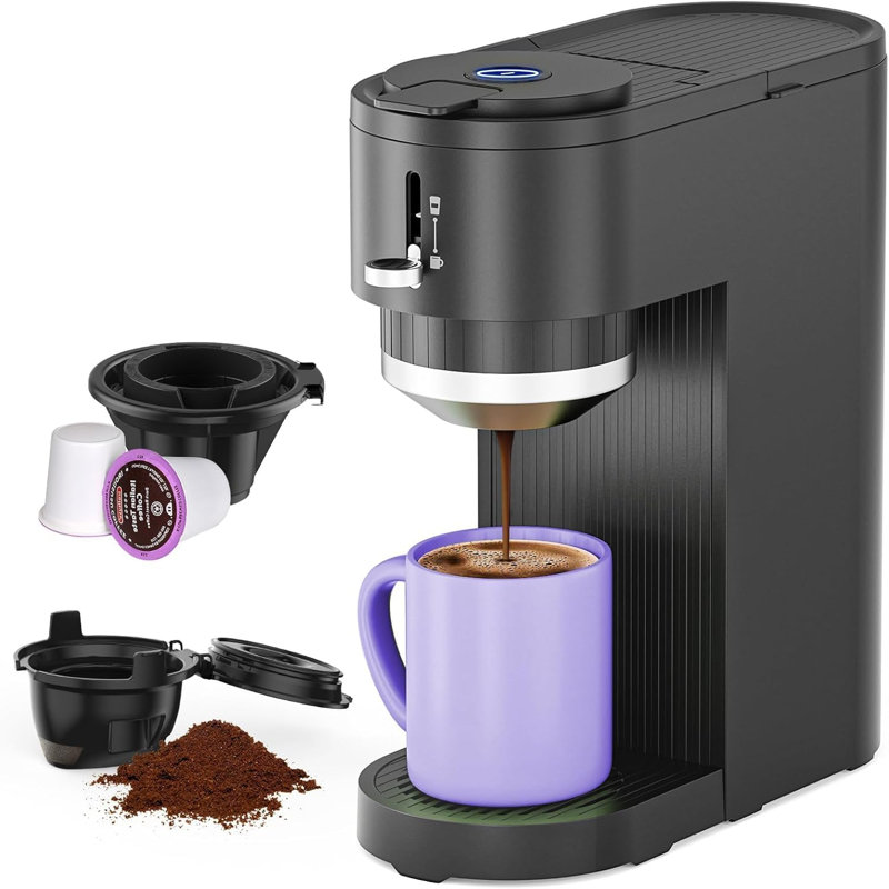 Cafetière à portion individuelle Cowsar pour capsules et motifs, 5 tailles d'infusion (6 à 14 oz), hauteur réglable, conception compacte, nettoyage rapide et facile, parfaite pour la maison / le bureau / les voyages, noir