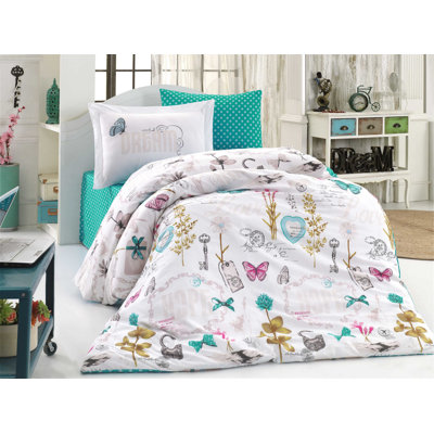 100% Cotton Poplin Quilt Cover Set, Twin Size (63 x 87), White & Turquoise, Gray, Fuchsia & Beige | Machine Washable, 152 Thread Count, Button Closure for Duvet Cover, Envelope Pillowcase | Soft & Stylish Bedding