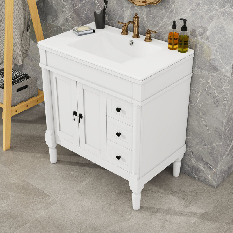 Meuble-lavabo moderne avec 3 tiroirs, tablette réglable et lavabo en céramique, Blanc
