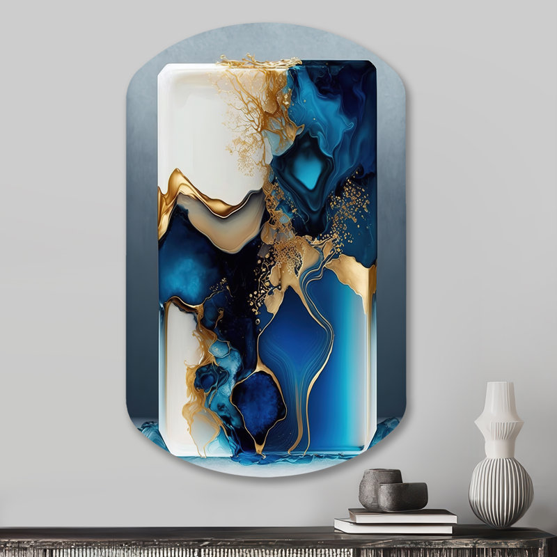 Géode abstraite marbre doré et bleu III - Décoration murale irrégulière en forme de cylindre cylindrique en métal