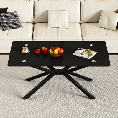 Table basse de 38,78 po en verre noir avec pieds en métal, look contemporain pour le rangement, stable, espace de conception moderne facile à nettoyer, assemblage simple