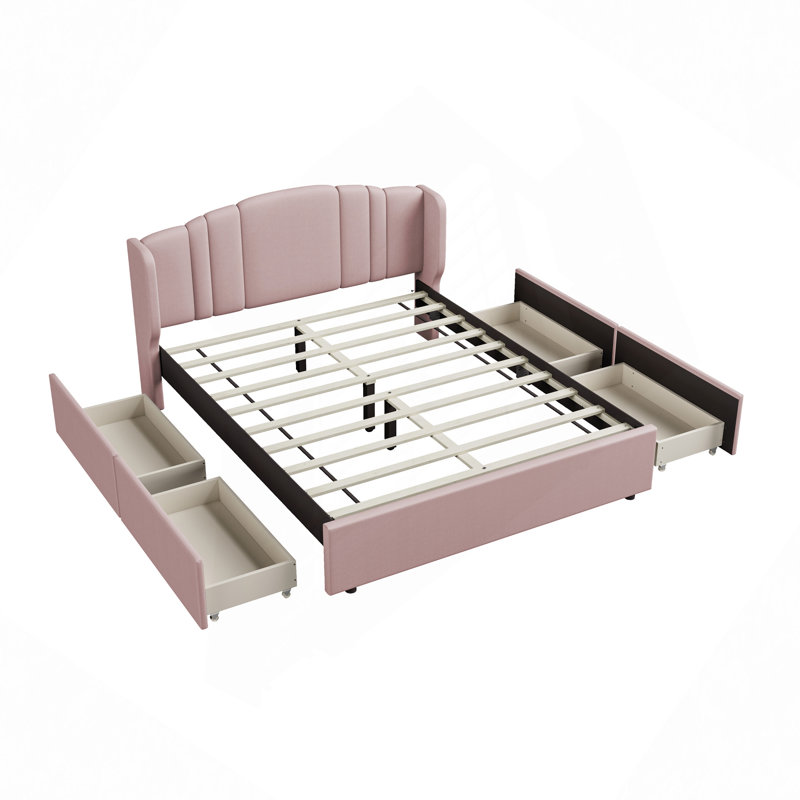 Modern Bed, Upholstered Platform Bed With Wingback Headboard And 4 Drawers, No Box Spring Needed, Linen Fabric