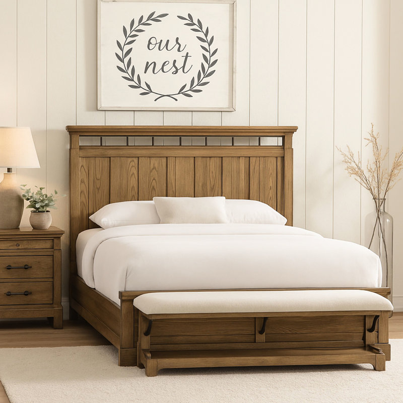 Table de chevet 2 tiroirs avec plateau, placage de grain naturel, poignées décoratives, rangement spacieux, design caché et inspiré, bords arrondis, largeur de 17 po, profondeur de 28 po, bois massif + look et tiroirs, chevet