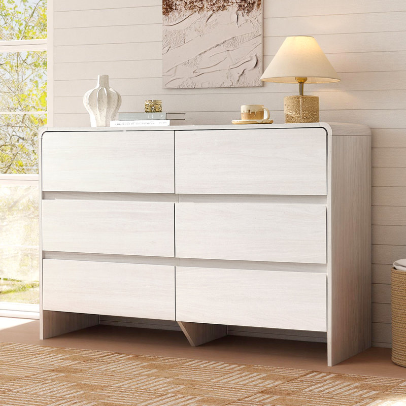 Modern 6-Drawer Dresser with Wood Grain Finish, White